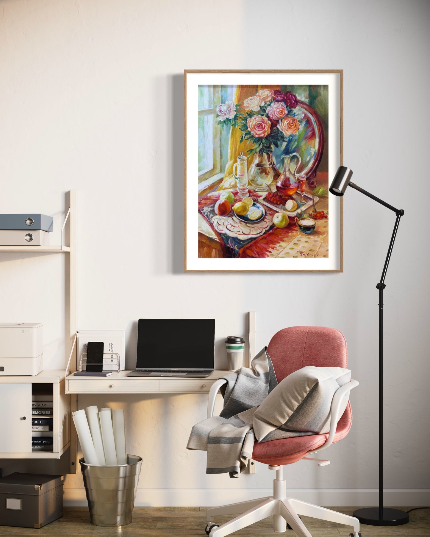 Still Life with Flowers and Fruits| Warm Tones, Roses, Wine, Lemons, Apples, Oil Painting On Canvas, Original Hand-drawn, Living Room, Bedroom, Office Decoration