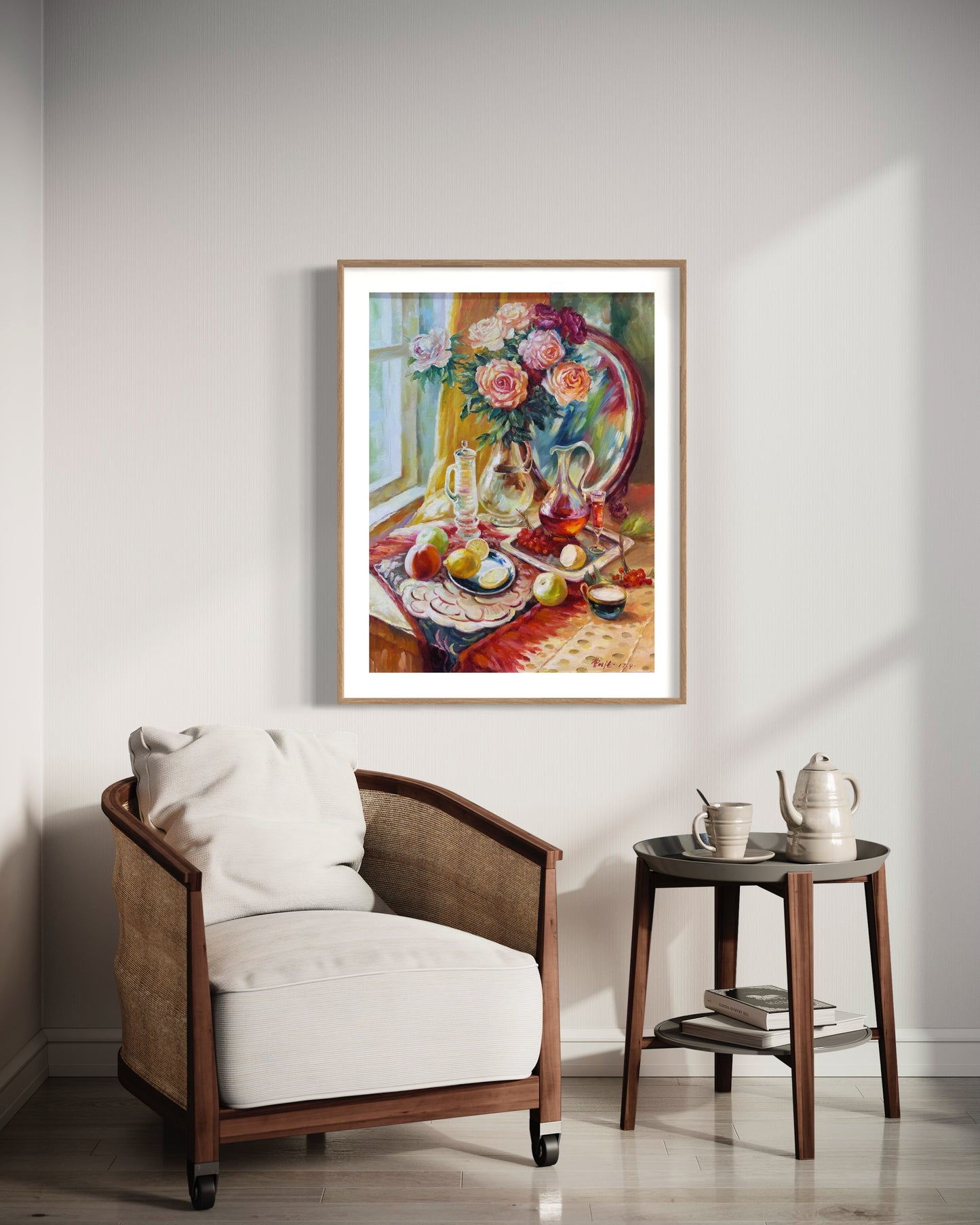 Still Life with Flowers and Fruits| Warm Tones, Roses, Wine, Lemons, Apples, Oil Painting On Canvas, Original Hand-drawn, Living Room, Bedroom, Office Decoration