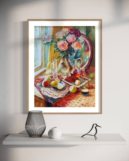 Still Life with Flowers and Fruits| Warm Tones, Roses, Wine, Lemons, Apples, Oil Painting On Canvas, Original Hand-drawn, Living Room, Bedroom, Office Decoration