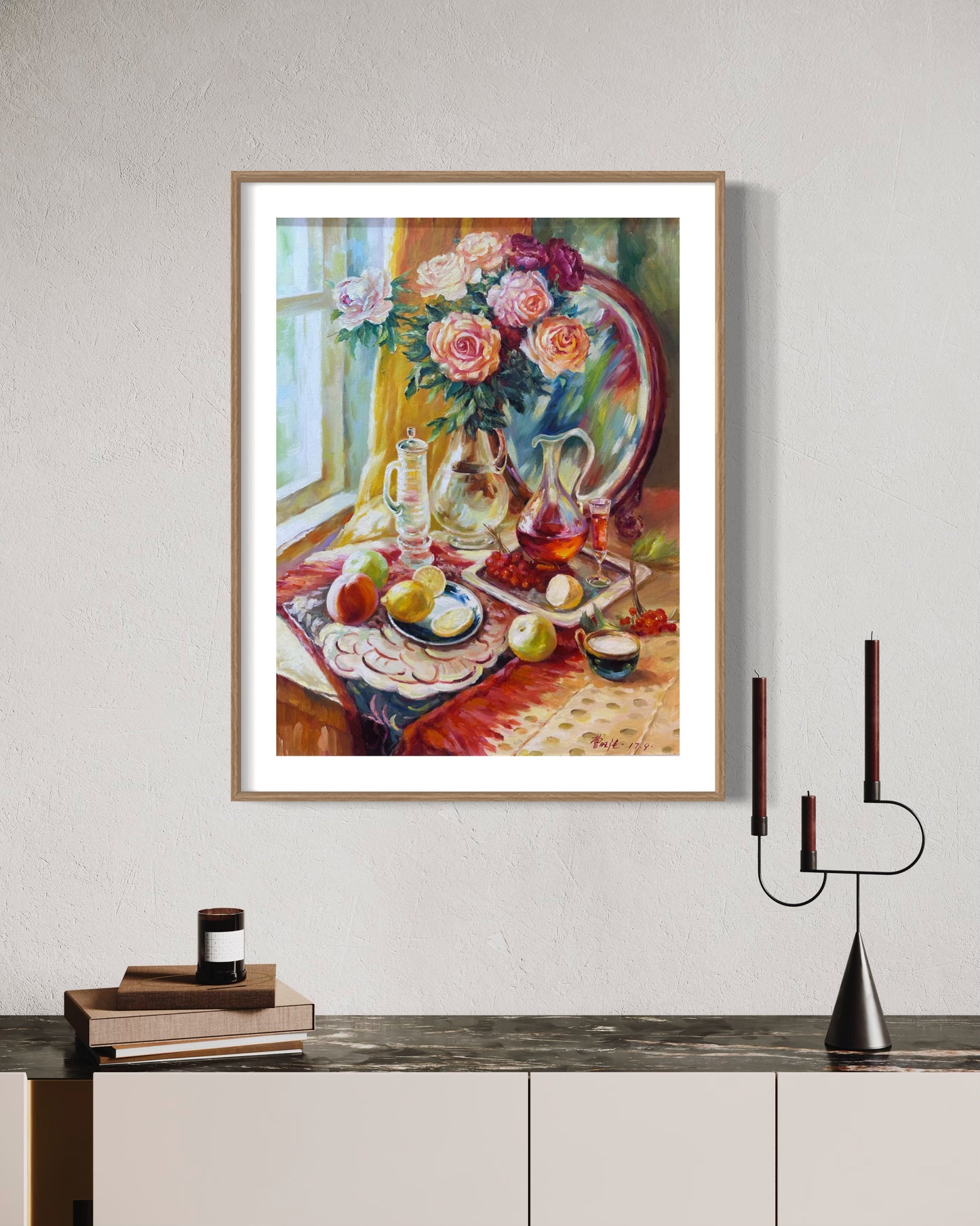 Still Life with Flowers and Fruits| Warm Tones, Roses, Wine, Lemons, Apples, Oil Painting On Canvas, Original Hand-drawn, Living Room, Bedroom, Office Decoration