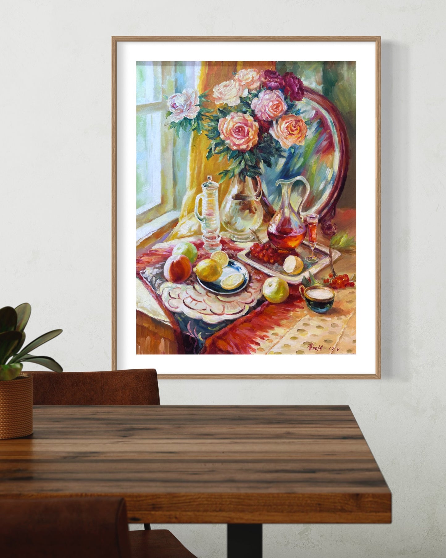 Still Life with Flowers and Fruits| Warm Tones, Roses, Wine, Lemons, Apples, Oil Painting On Canvas, Original Hand-drawn, Living Room, Bedroom, Office Decoration