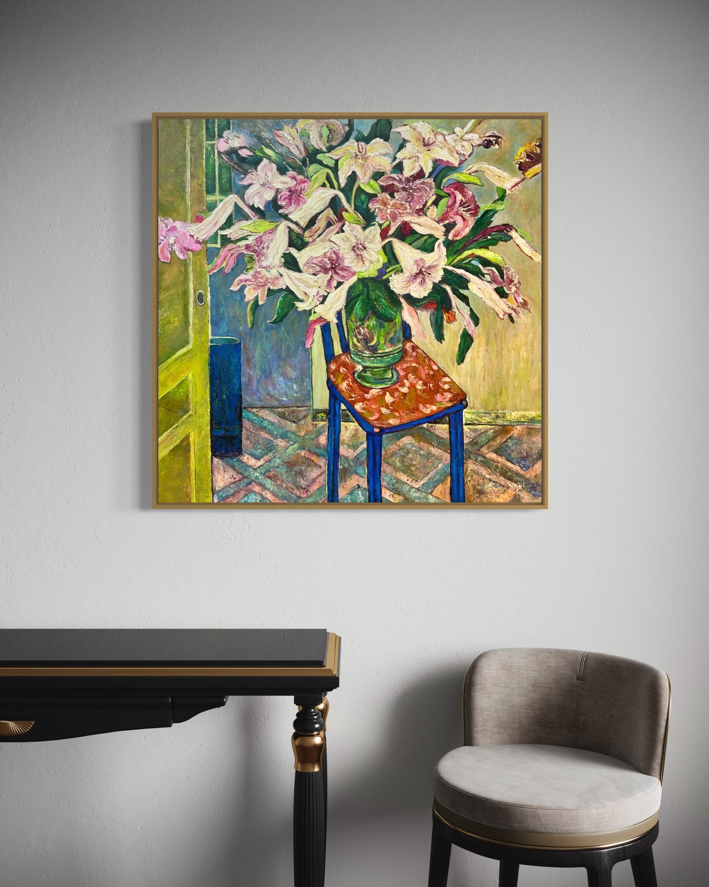 Colorful Lily Arrangement Oil Painting on Chair