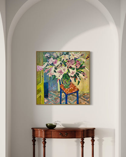 Colorful Lily Arrangement Oil Painting on Chair