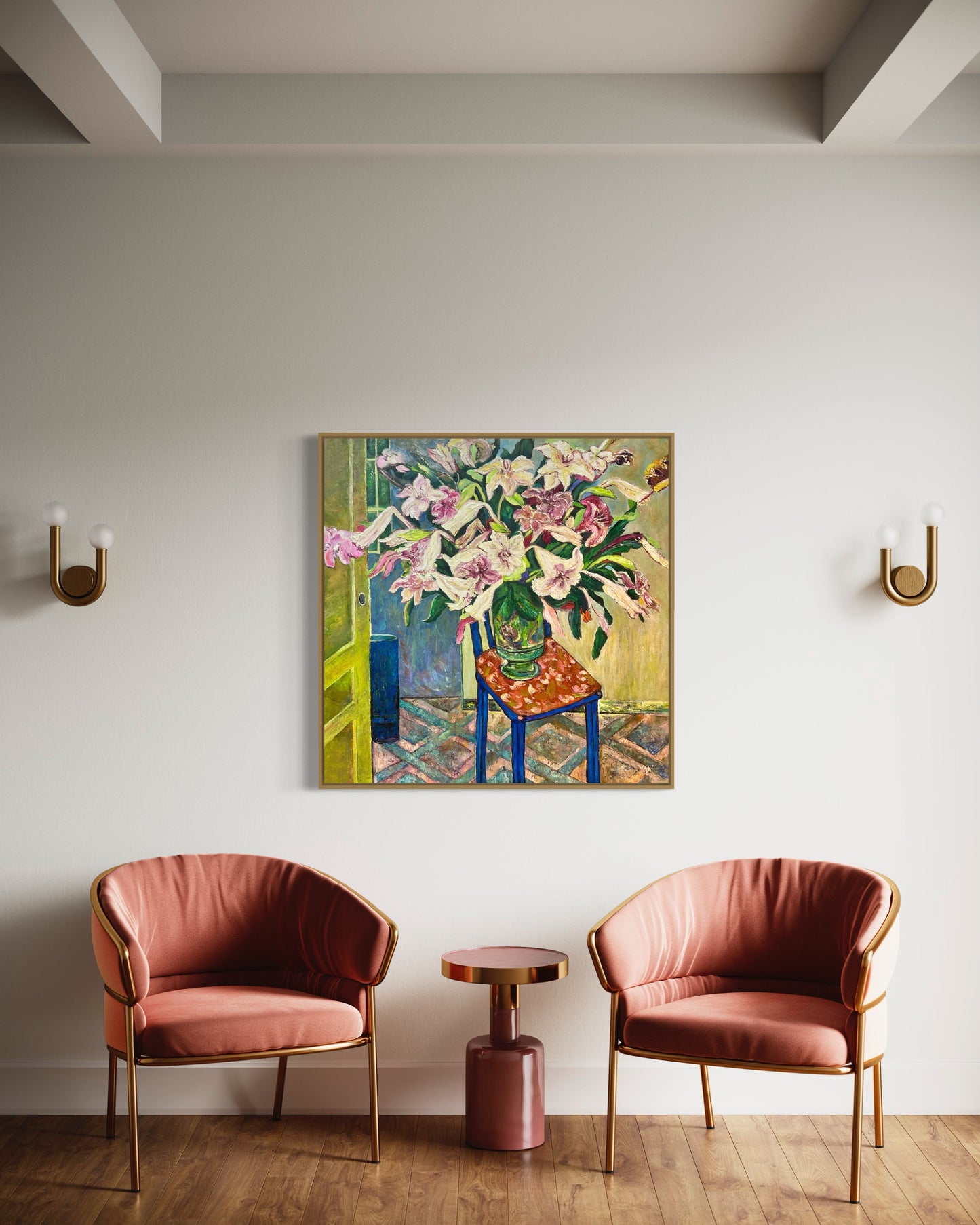 Colorful Lily Arrangement Oil Painting on Chair