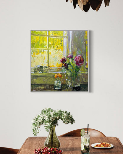 Sunlit Window with Flowers Oil Painting