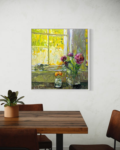 Sunlit Window with Flowers Oil Painting