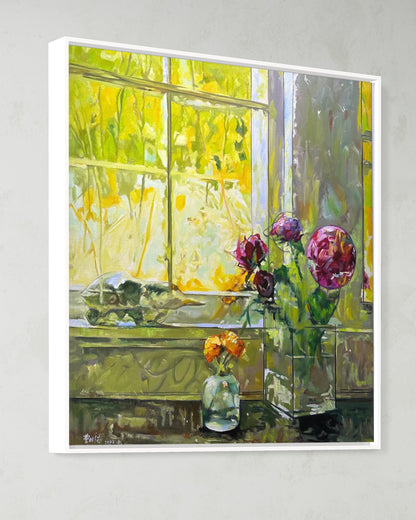 Sunlit Window with Flowers Oil Painting