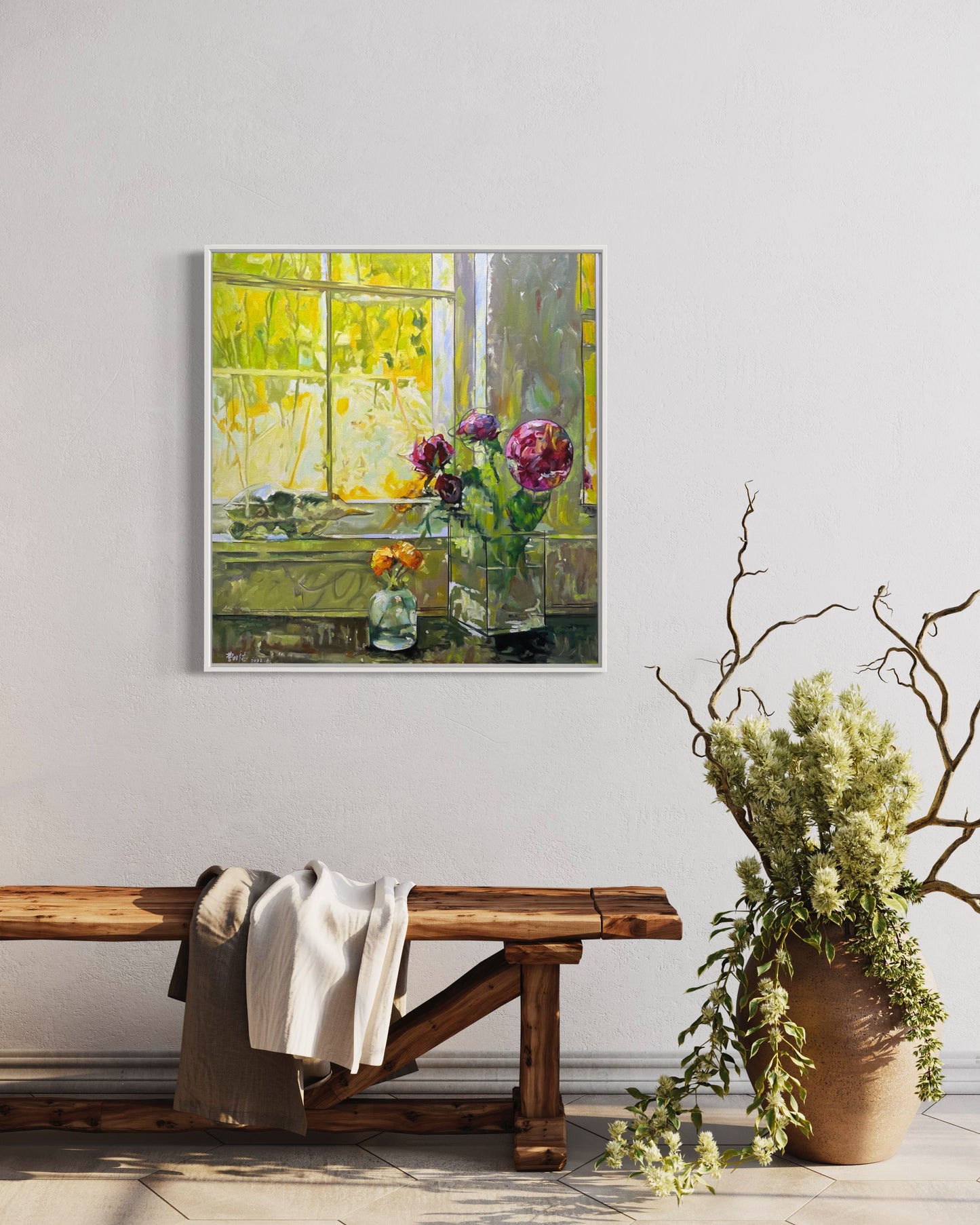 Sunlit Window with Flowers Oil Painting