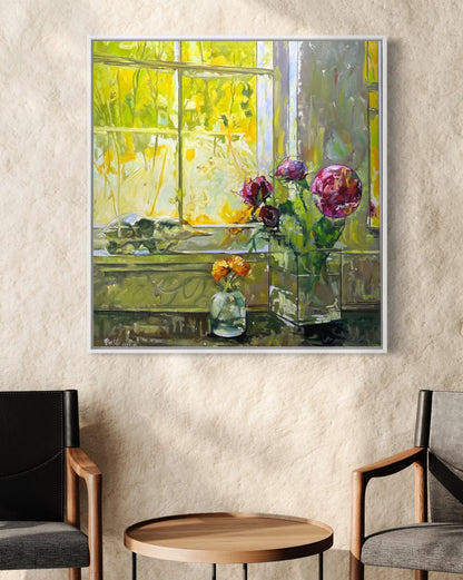 Sunlit Window with Flowers Oil Painting