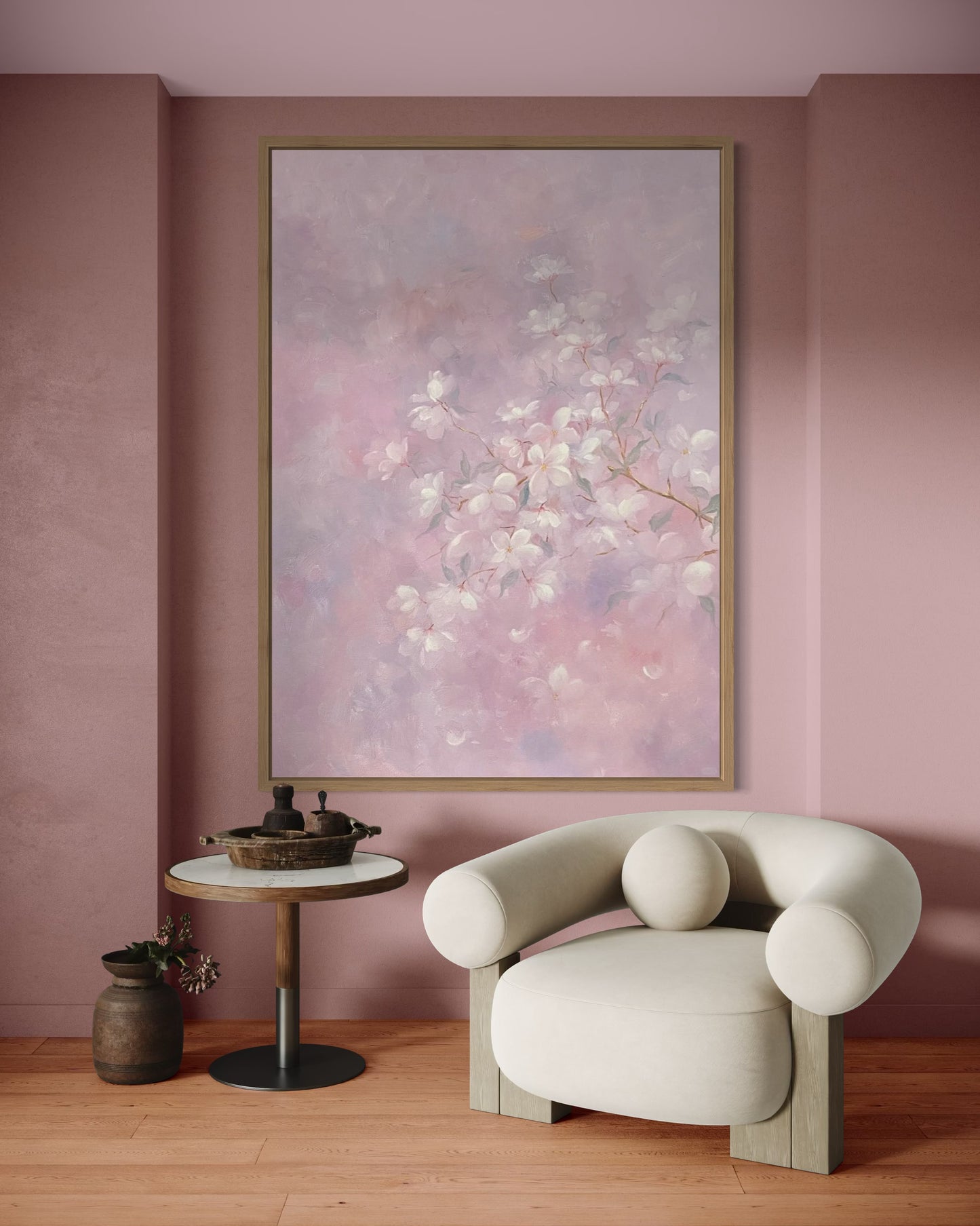 Soft Pink Floral Oil Painting - Hand-Painted Blossoms on Canvas