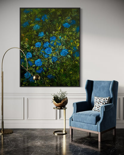 Serene Blue Roses Oil Painting – Lush Floral Canvas Art