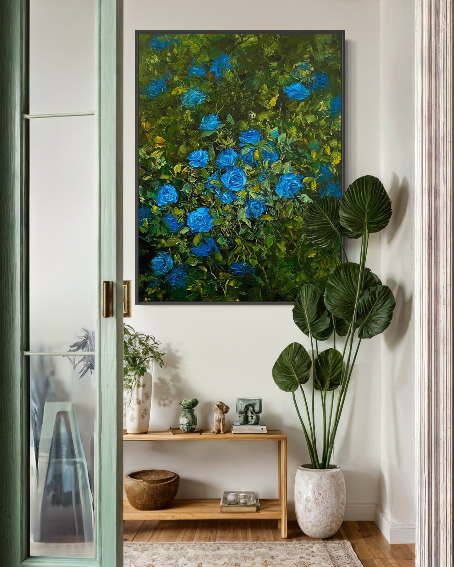 Serene Blue Roses Oil Painting – Lush Floral Canvas Art