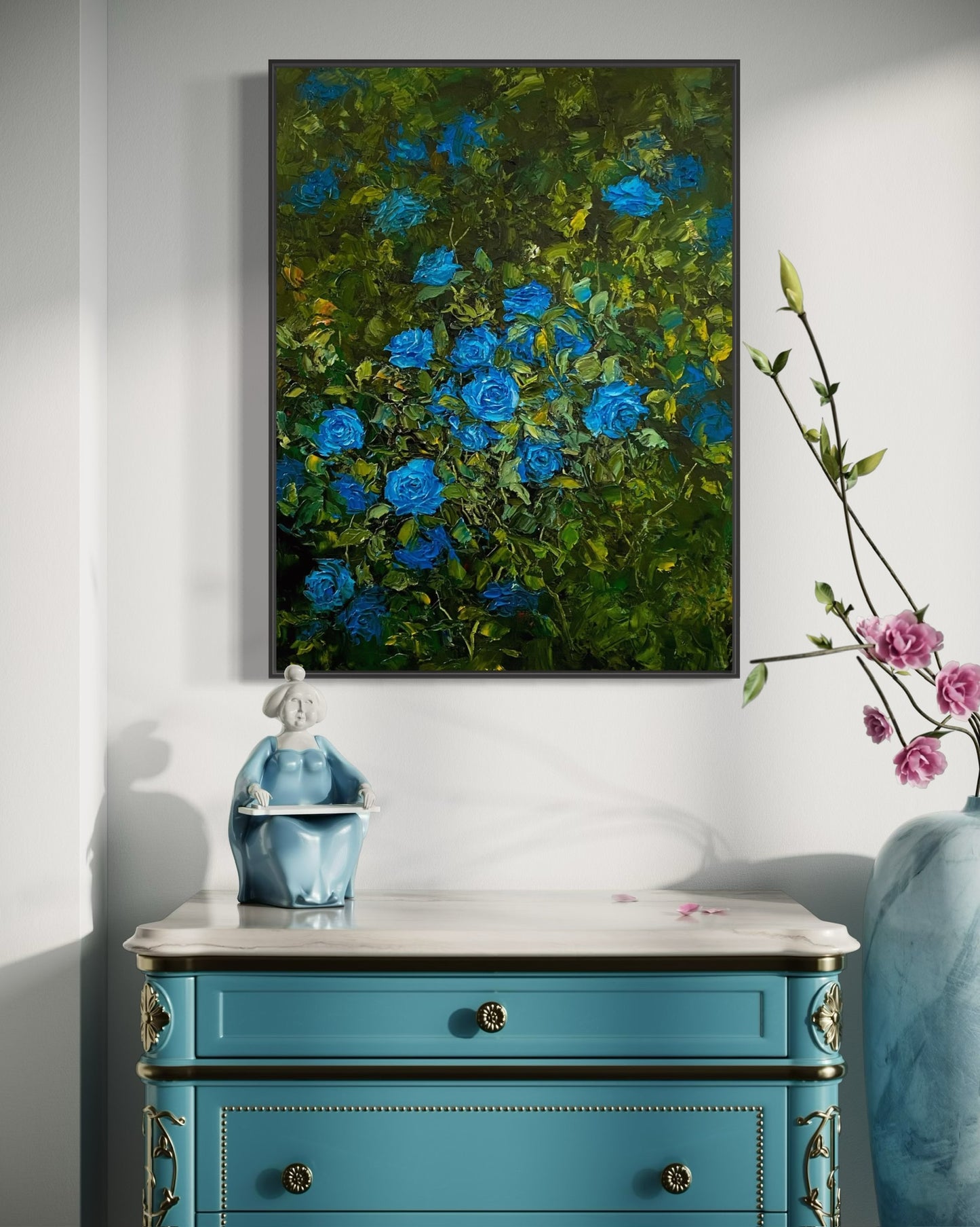 Serene Blue Roses Oil Painting – Lush Floral Canvas Art