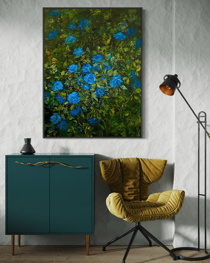 Serene Blue Roses Oil Painting – Lush Floral Canvas Art