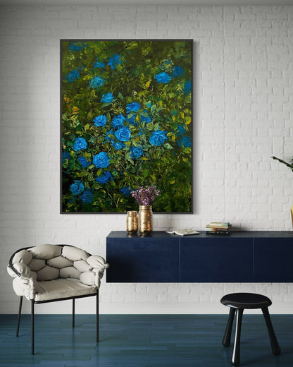 Serene Blue Roses Oil Painting – Lush Floral Canvas Art