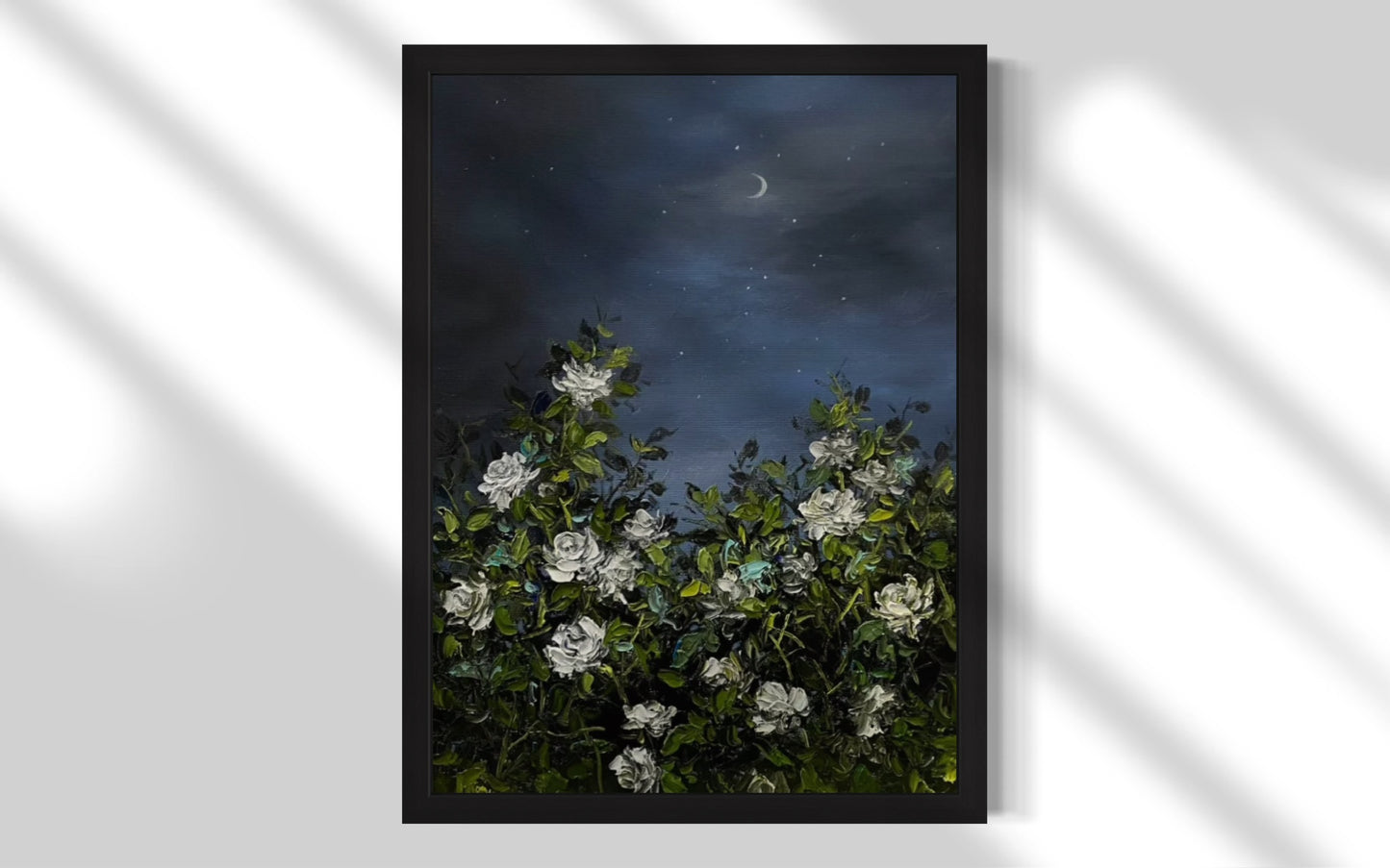 Moonlit White Roses Oil Painting – Night Garden Canvas