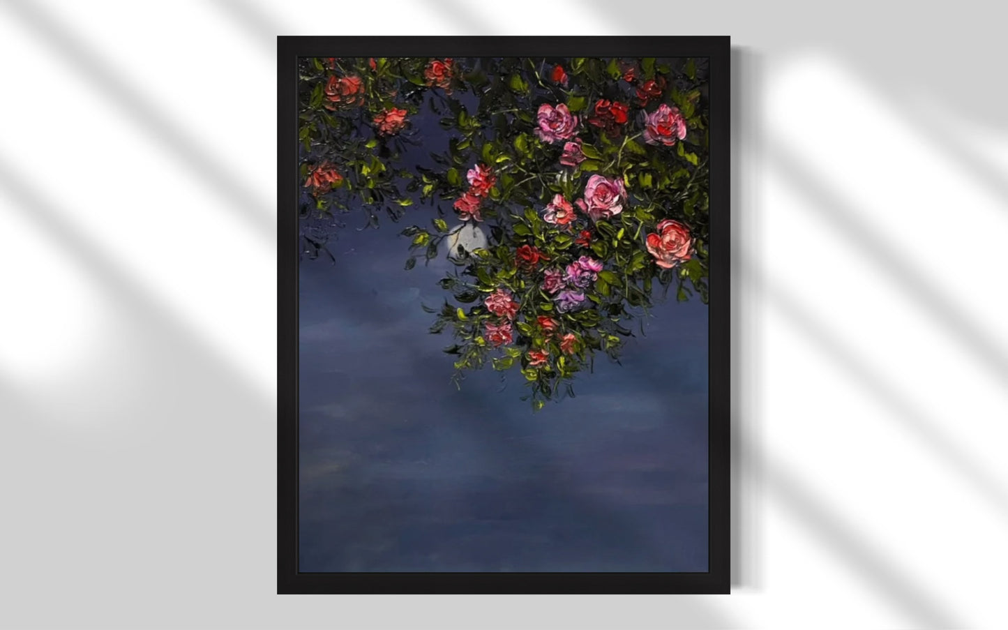 Moonlit Blossom Oil Painting – Night Sky Floral Canvas