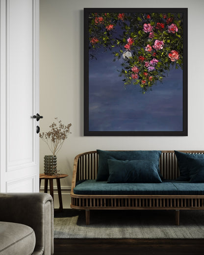 Moonlit Blossom Oil Painting – Night Sky Floral Canvas