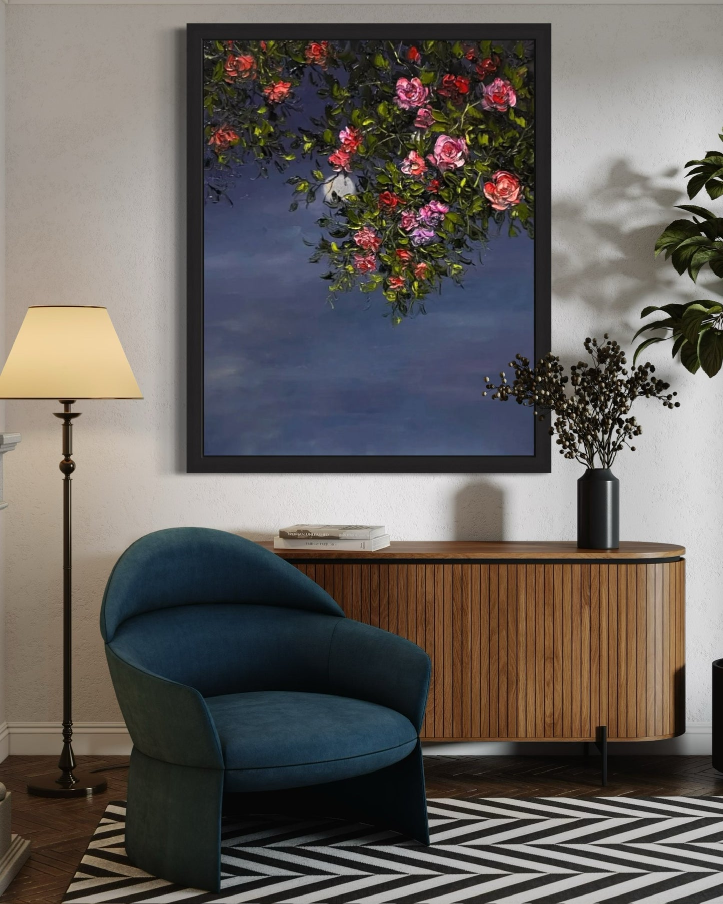 Moonlit Blossom Oil Painting – Night Sky Floral Canvas