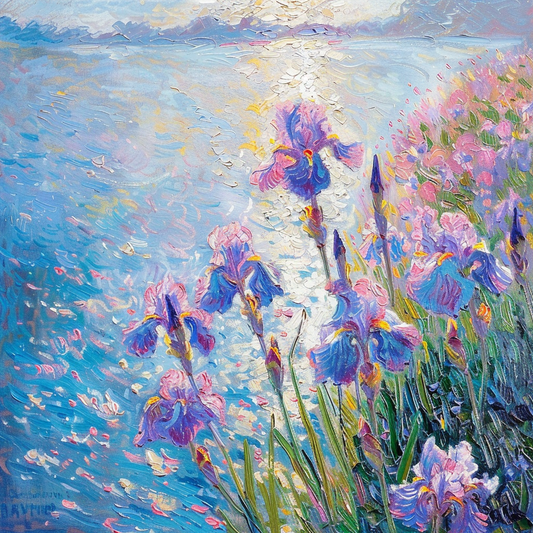 Iris Fields by the Water Oil Painting