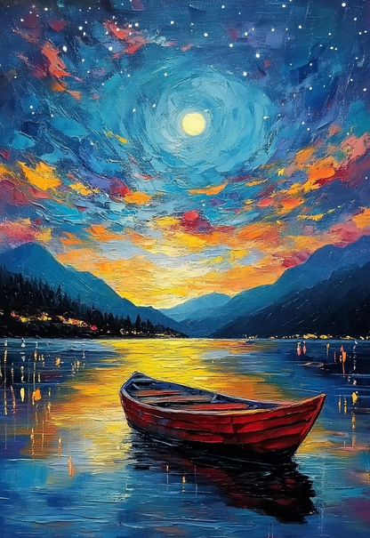 Moonlit Lake Oil Painting – Peaceful Night Landscape Wall Art for Bedroom