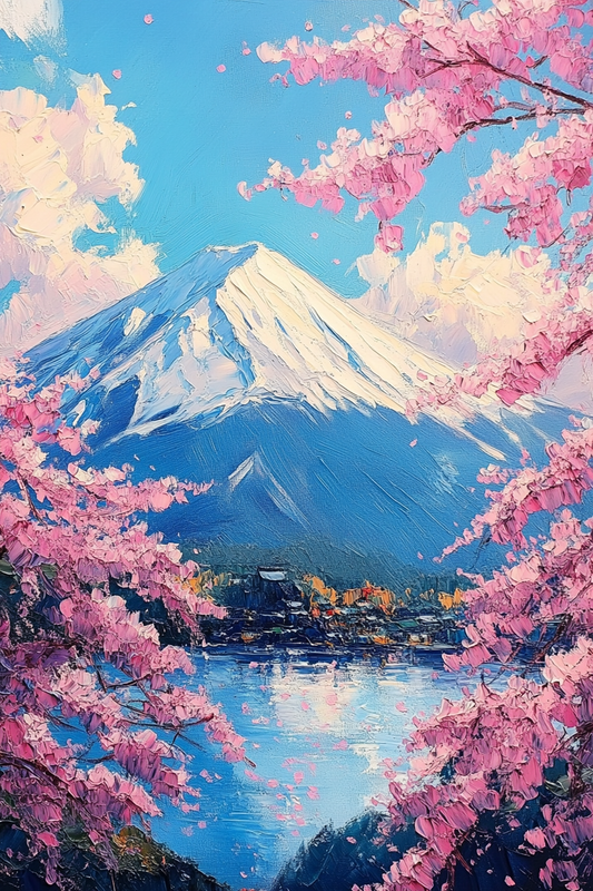 Mount Fuji in Spring: Sakura Blossoms and Mountain View Oil Painting