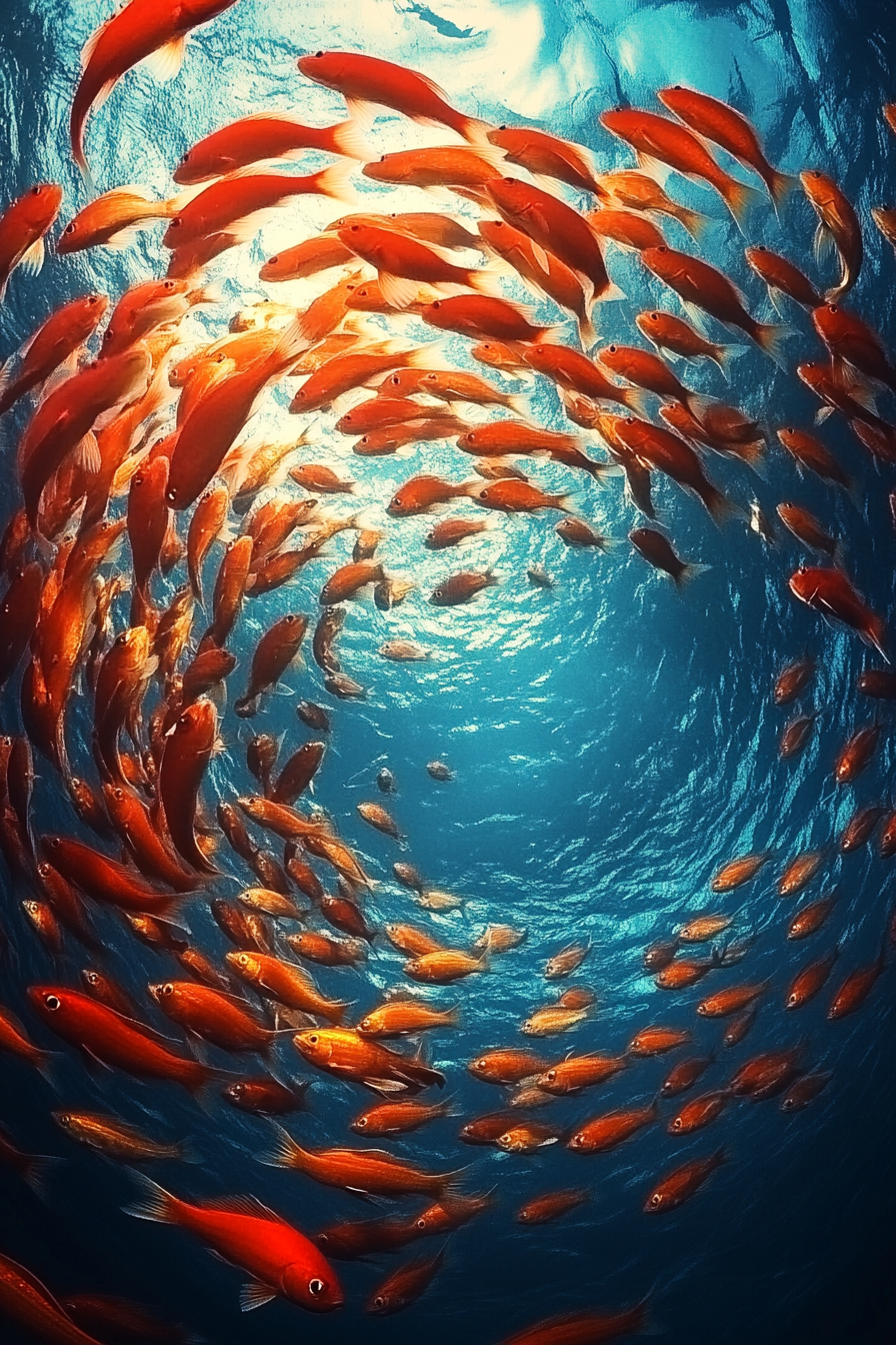 Swirling School of Fish – Underwater Oil Painting for Ocean Lovers