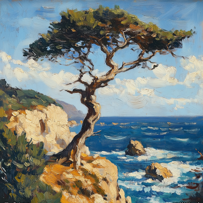 Seaside Pine Tree Coastal Oil Painting