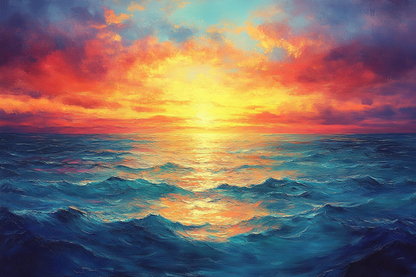 Ocean’s Glow – Vibrant Seascape Oil Painting of Sunset Over Waves