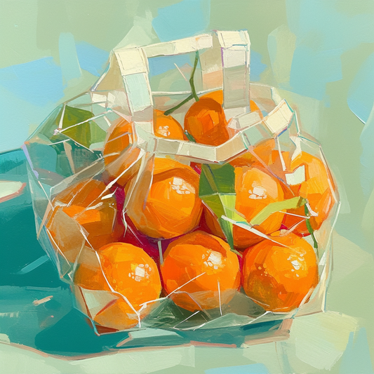 Vivid Tangerines in Transparent Bag Oil Painting | Modern Still Life Wall Art | Bold Kitchen Decor | Kitchen or Dining Room Decor