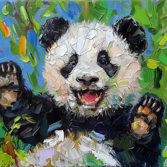 Happy Panda Cub Oil Painting - Whimsical Wall Art for Nursery and Playroom Decor