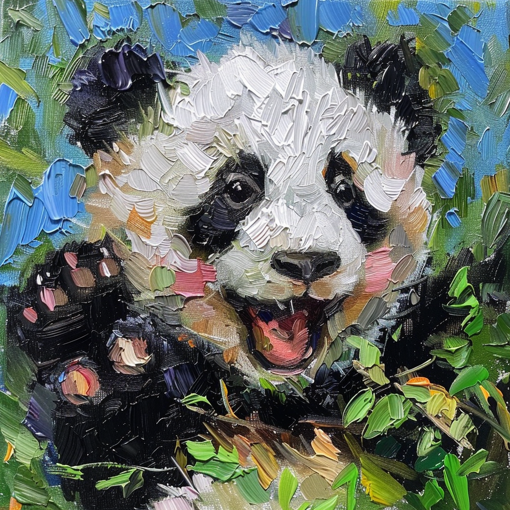 Playful Panda Oil Painting - Adorable Animal Canvas Art for Kids' Room Decor