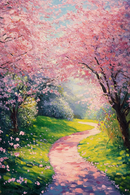 Pathway to Spring Dreams: Blossoming Path Oil Painting