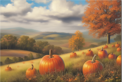 Pumpkin Field in Autumn Hand-Painted Landscape Art