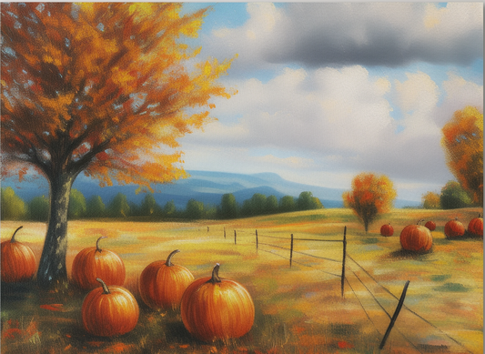 Autumn Hillside Pumpkin Harvest Canvas Oil Painting