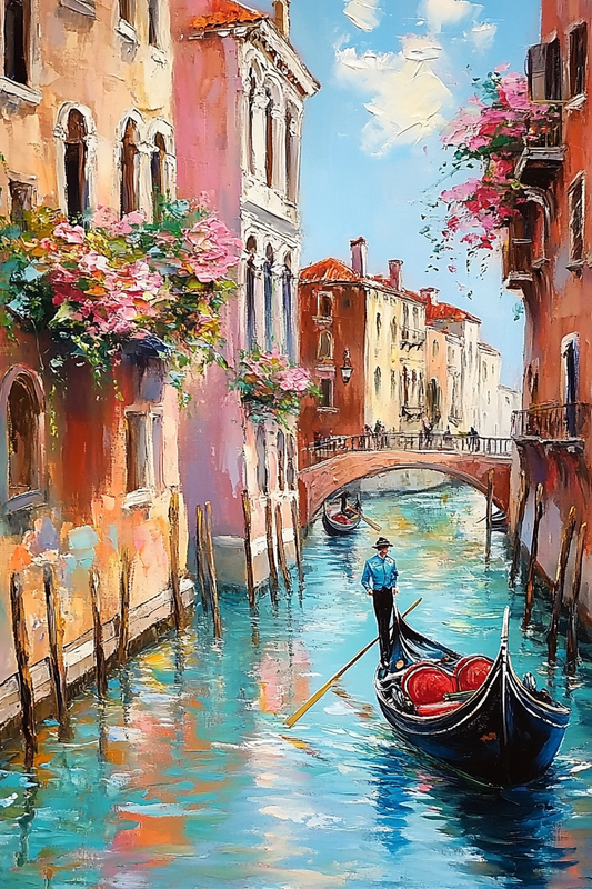 Romantic Venice Streets: Oil Painting of a Gondola Ride Through Venice