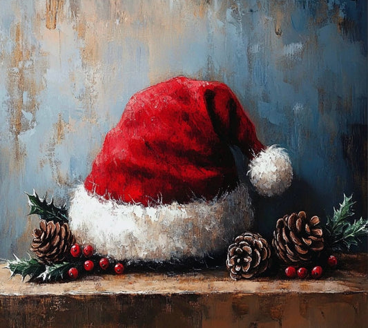 Vintage Santa Hat Christmas Oil Painting - Cozy Holiday Decor