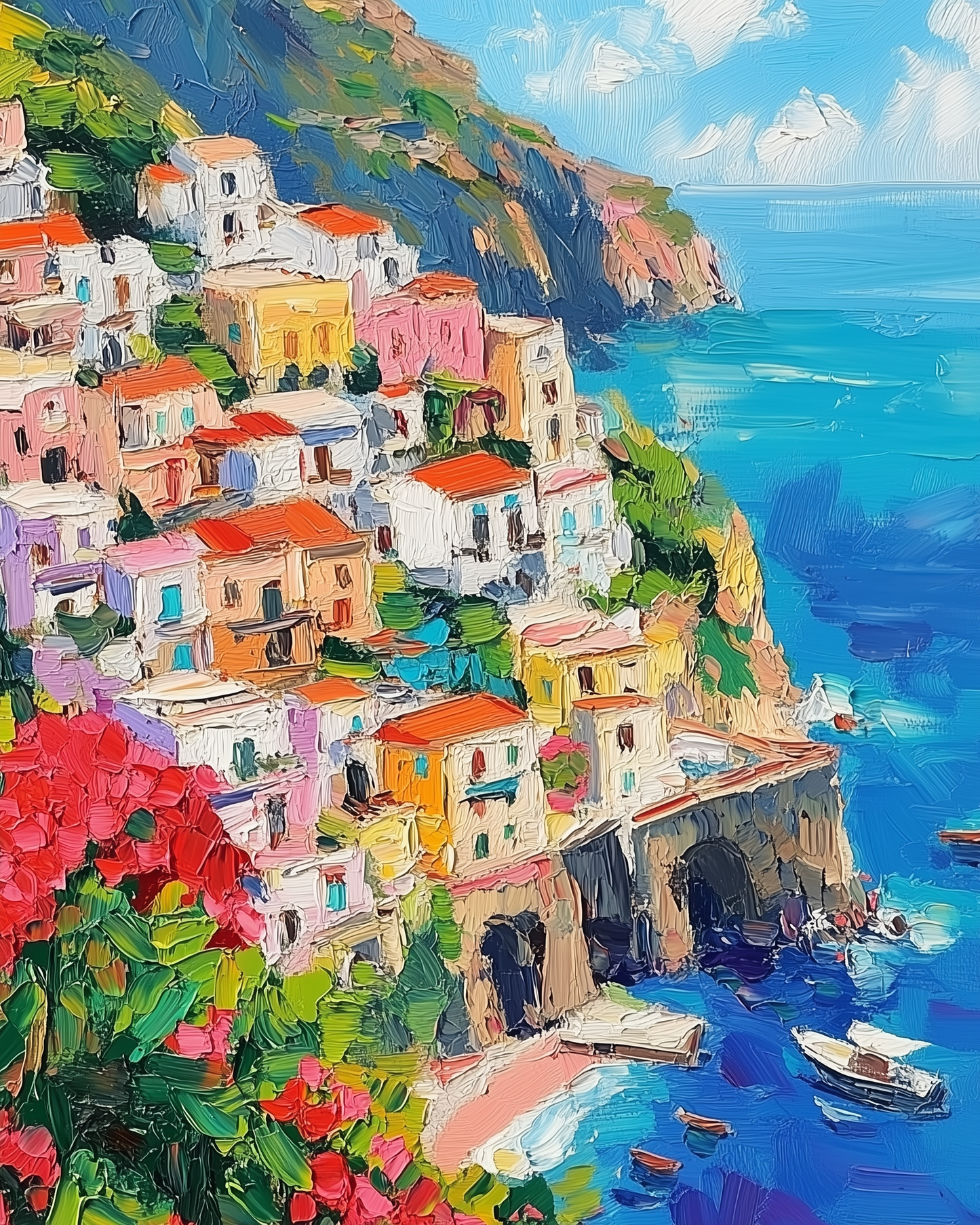 Seaside Village: Picturesque Coastal Town Oil Painting