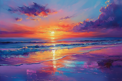 Serene Waves Oil Painting – Tranquil Ocean Sunset Wall Art for Living Room Decor