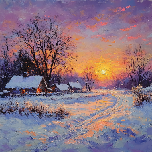 Winter Landscape Oil Painting | Snow Cabin at Sunset Wall Art | Rustic Handmade Canvas for Home Decor & Christmas Gift