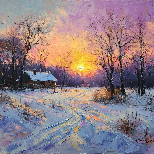 Cozy Snowy Cabin Painting | Winter Sunset Oil on Canvas | Handmade Wall Art for Living Room, Christmas or Housewarming Gift