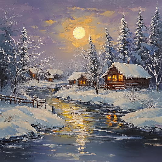 Snowy Sunset Winter Cabin Oil Painting | Cozy Landscape Wall Art | Handmade Canvas for Living Room, Holiday Decor or Gift Idea