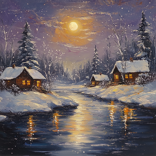 Rustic Winter Oil Painting | Snowy Sunset Cabin Scene | Handmade Canvas Wall Art for Holiday Gift or Seasonal Home Decor