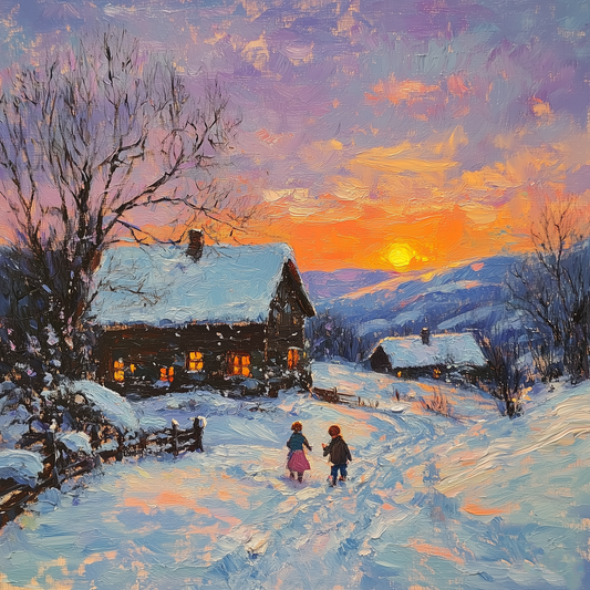 Hand Painted Winter Cabin Oil Painting | Sunset Snow Scene Canvas | Cozy Wall Art for Holiday Decor or Nature Lover Gift