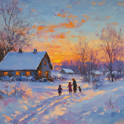 Snowy Sunset Winter Oil Painting | Cozy Cabin Landscape Wall Art | Handmade Living Room Canvas Decor | Holiday Gift Idea