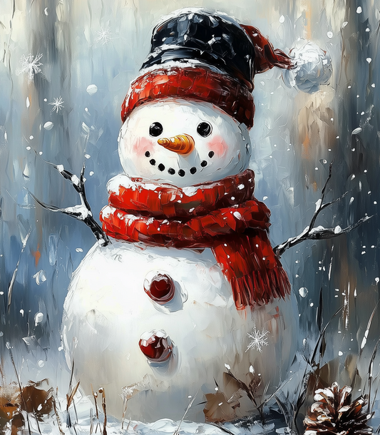 Charming Snowman with Black Hat - Winter Wonderland Oil Painting