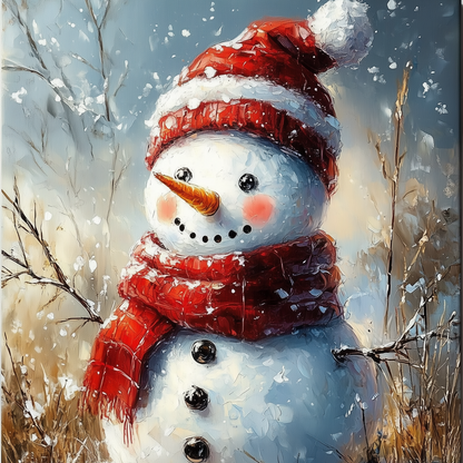 Joyful Snowman with Red Hat - Festive Holiday Oil Painting