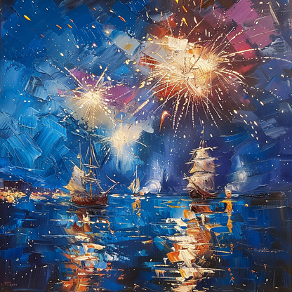 Golden Fireworks over Twilight Waters - Oil Painting