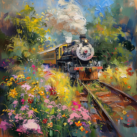 Classic Steam Train with Summer Blossoms