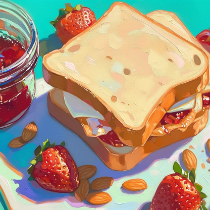 Peanut Butter and Jam Sandwich Art | Colorful Food Painting | Kitchen Wall Decor with Strawberries and Almonds